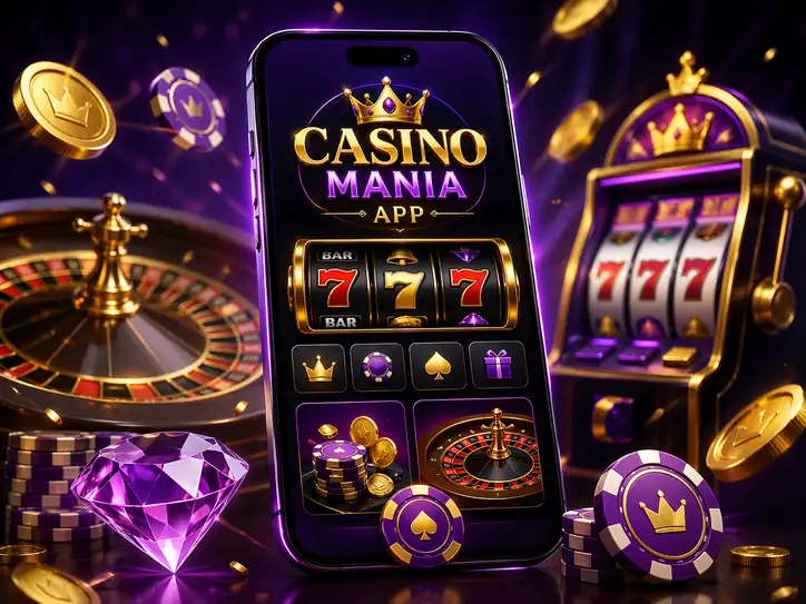 Primo avvio dell'app CasinoMania con schermata di login e registrazione, dashboard principale con slot, casinò live, scommesse sportive e impostazioni account
