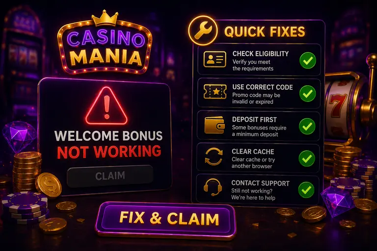 Cause di mancata attivazione del bonus di benvenuto Casino Mania con deposito oltre la finestra di 1 ora, email non verificata, importo sotto soglia e problemi VPN