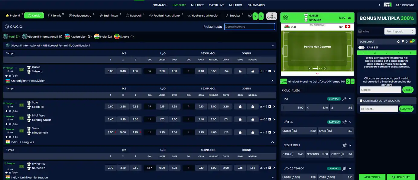 Interfaccia scommesse live CasinoMania con quote dinamiche aggiornate in tempo reale, tracker dei punteggi, bet builder e funzionalità cashout anticipato