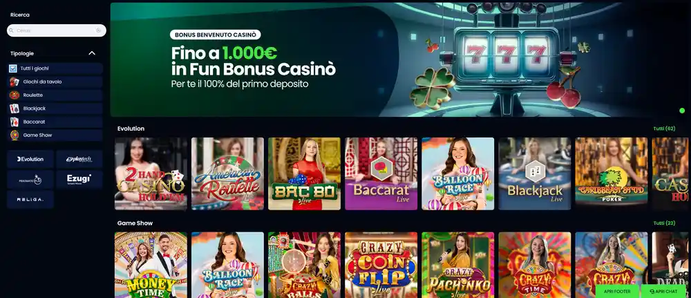 Casinò live CasinoMania con tavoli Evolution Gaming in streaming HD, croupier italiani per Roulette, Blackjack e Baccarat 24/7 con chat in tempo reale