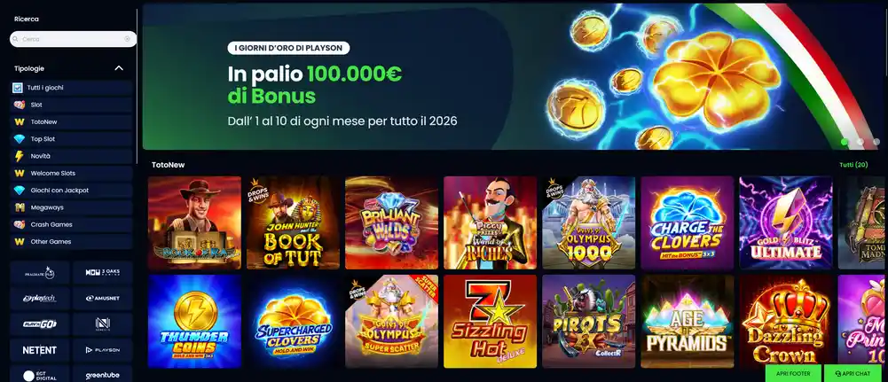 Libreria giochi Casino Mania con oltre 2.400 titoli certificati ADM da 30 studi, slot Cristaltec a tema italiano, giochi da tavolo e modalità demo gratuita
