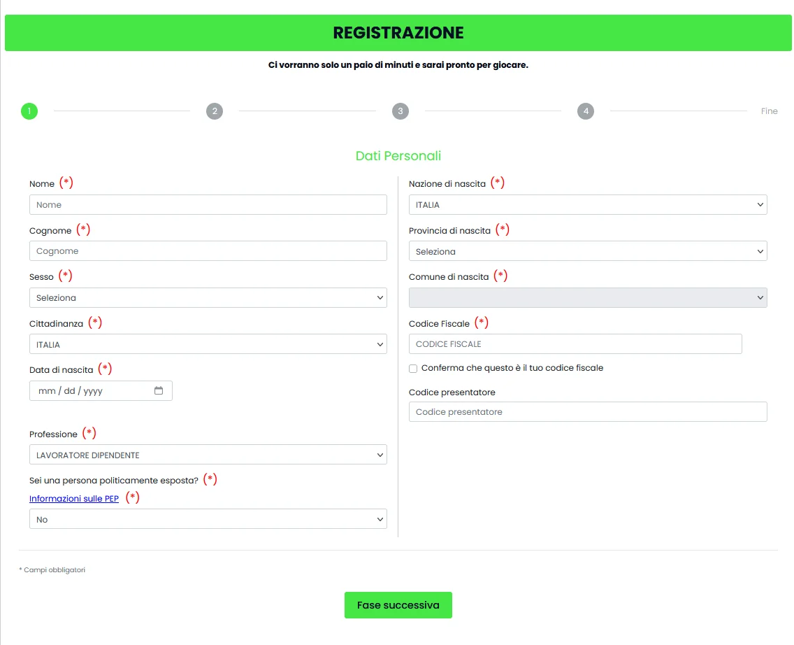 Flusso di registrazione Casino Mania con inserimento email, password, nome completo, data di nascita, codice fiscale, indirizzo italiano e caricamento documento d'identità