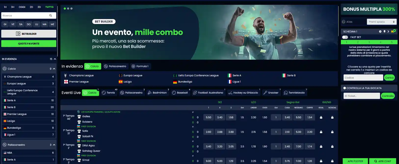 Sezione sportsbook CasinoMania con copertura Serie A, campionati internazionali, scommesse pre-match e live, schedina accumulator e funzionalità cashout